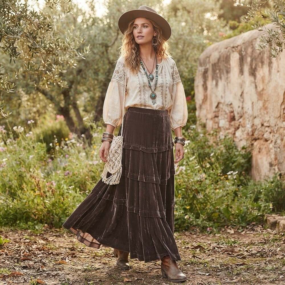 Ideology Sz 12 Velvet Raw Hem Tiered Maxi Skirt Indie Boho Fairy Grunge Silk